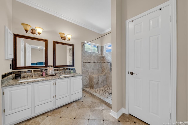 11546 Creek Bow, San Antonio, TX 78253 - bathroom featuring a walk in shower, double vanity, crown molding, and tile patterned floors
