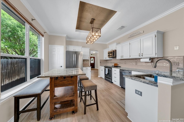 11546 Creek Bow, San Antonio, TX 78253 - kitchen featuring appliances with stainless steel finishes, light stone counters, backsplash, a raised ceiling, and ornamental molding
