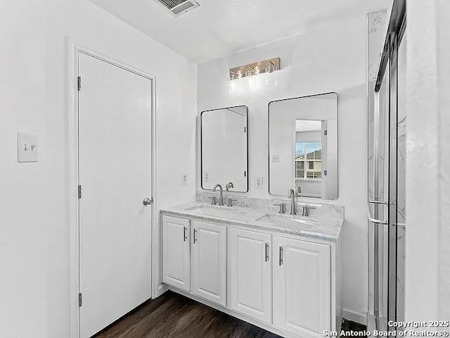 221 Peppergrass Cv, Kyle, TX 78640 - bathroom with double vanity and wood finished floors