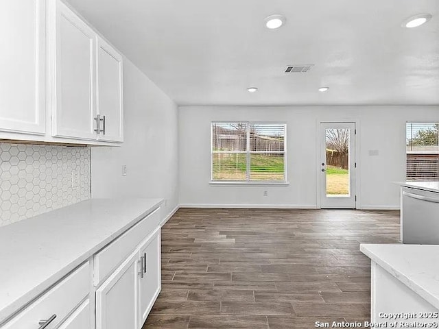 221 Peppergrass Cv, Kyle, TX 78640 - kitchen featuring stainless steel dishwasher, white cabinetry, dark wood-style flooring, tasteful backsplash, and recessed lighting