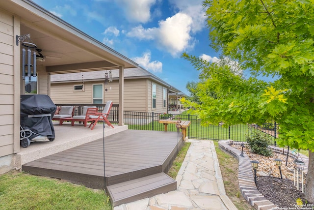 13822 Greater Straw, San Antonio, TX 78254 - wooden terrace featuring ceiling fan and grilling area