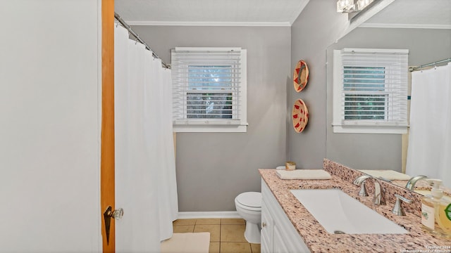 1261 Mill, New Braunfels, TX 78130 - bathroom featuring crown molding, vanity, tile patterned floors, and a shower with curtain