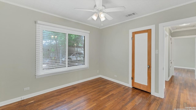 1261 Mill, New Braunfels, TX 78130 - unfurnished bedroom featuring wood finished floors, ornamental molding, and ceiling fan