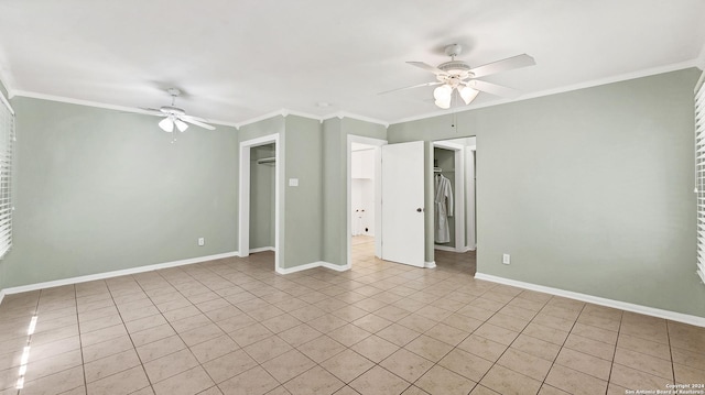 1261 Mill, New Braunfels, TX 78130 - unfurnished bedroom featuring light tile patterned floors, crown molding, and ceiling fan