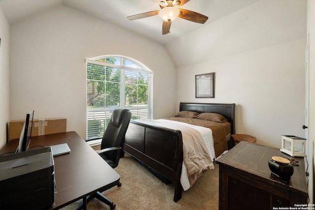 2129 Rustling Way, Seguin, TX 78155 - bedroom featuring vaulted ceiling, light colored carpet, a desk, and a ceiling fan