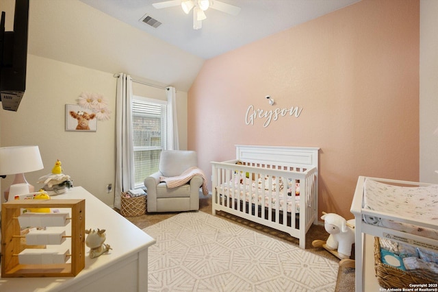 2129 Rustling Way, Seguin, TX 78155 - bedroom with a nursery area, lofted ceiling, and a ceiling fan