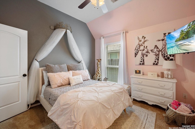 2129 Rustling Way, Seguin, TX 78155 - bedroom with carpet floors, lofted ceiling, and a ceiling fan