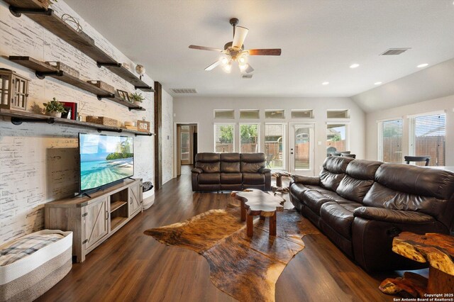 2129 Rustling Way, Seguin, TX 78155 - living room with a ceiling fan and dark wood-type flooring