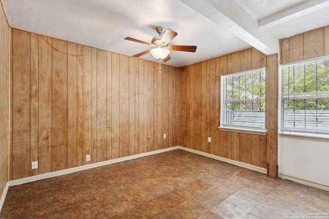 2121 San Fernando, San Antonio, TX 78207 - spare room with wood walls, a ceiling fan, and beam ceiling