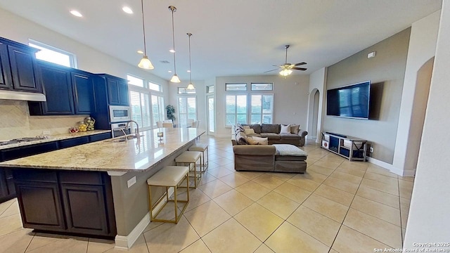 3822 Cordoba Crk, San Antonio, TX 78259 - kitchen with stainless steel appliances, arched walkways, a kitchen bar, a ceiling fan, and recessed lighting