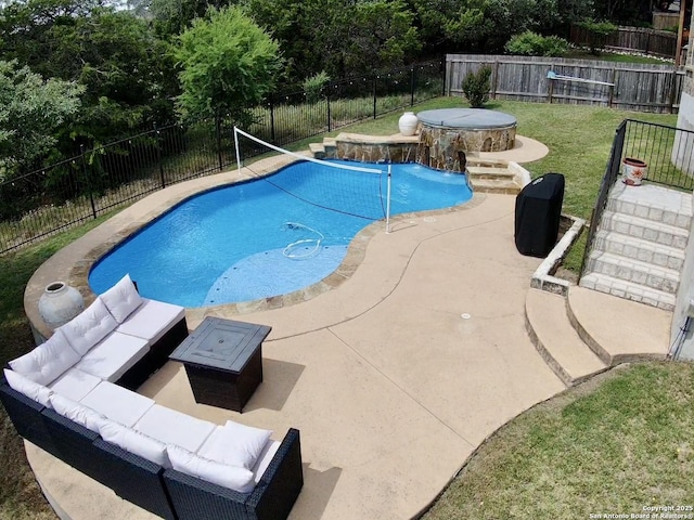 3822 Cordoba Crk, San Antonio, TX 78259 - view of swimming pool with an outdoor living space, a fenced backyard, a patio, and a jacuzzi