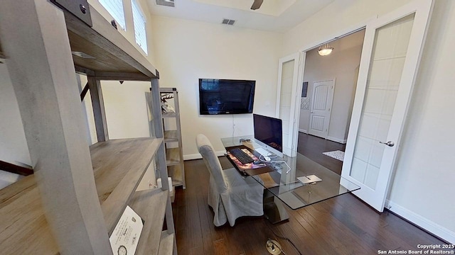 3822 Cordoba Crk, San Antonio, TX 78259 - office area featuring dark wood-style flooring and a ceiling fan