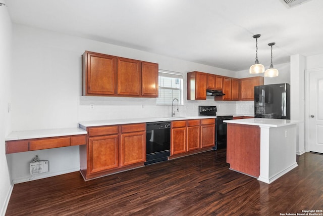 7622 Braes Stage, San Antonio, TX 78254 - kitchen featuring black appliances, under cabinet range hood, dark wood finished floors, tasteful backsplash, and light countertops