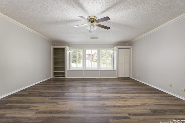 18510 Paloma Wood, San Antonio, TX 78259 - unfurnished room with a ceiling fan, ornamental molding, a textured ceiling, and dark wood-style floors