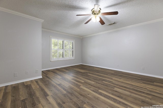 18510 Paloma Wood, San Antonio, TX 78259 - unfurnished room featuring ceiling fan, dark wood-style flooring, a textured ceiling, and ornamental molding