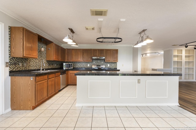 18510 Paloma Wood, San Antonio, TX 78259 - kitchen featuring appliances with stainless steel finishes, ornamental molding, rail lighting, dark countertops, and under cabinet range hood