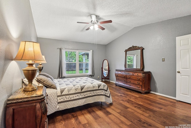 11063 Moonlit, San Antonio, TX 78249 - bedroom with lofted ceiling, wood finished floors, a textured ceiling, and ceiling fan