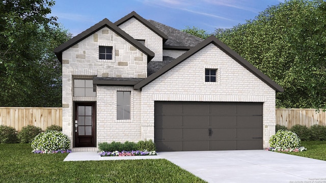 12631 Cotorra Spgs, San Antonio, TX 78254 - view of front facade featuring driveway, stone siding, a garage, roof with shingles, and brick siding