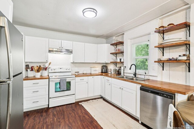 107 W Gilbert, Falls City, TX 78113 - kitchen featuring appliances with stainless steel finishes, open shelves, wooden counters, under cabinet range hood, and dark wood-style flooring