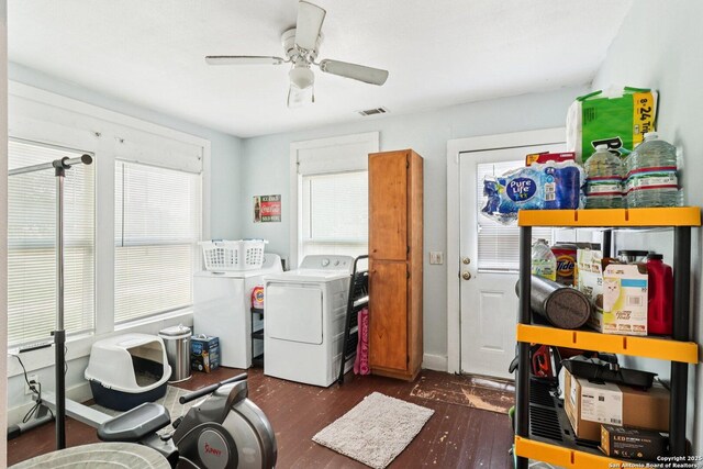 107 W Gilbert, Falls City, TX 78113 - washroom featuring independent washer and dryer, wood finished floors, and a ceiling fan