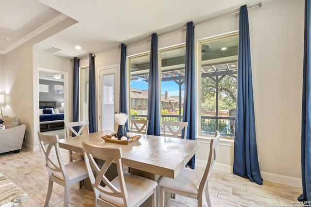 11910 Wilby, San Antonio, TX 78253 - dining room with crown molding, light wood-style floors, and recessed lighting