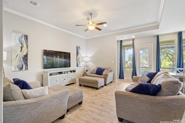 11910 Wilby, San Antonio, TX 78253 - living room featuring ceiling fan, light wood-type flooring, and crown molding
