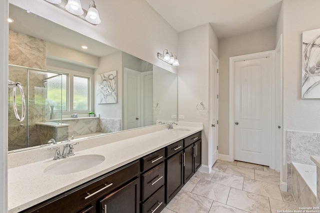 11910 Wilby, San Antonio, TX 78253 - bathroom featuring a bath, double vanity, a stall shower, and marble finish flooring