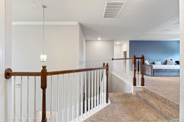 11910 Wilby, San Antonio, TX 78253 - hallway with an upstairs landing, ornamental molding, carpet floors, and recessed lighting