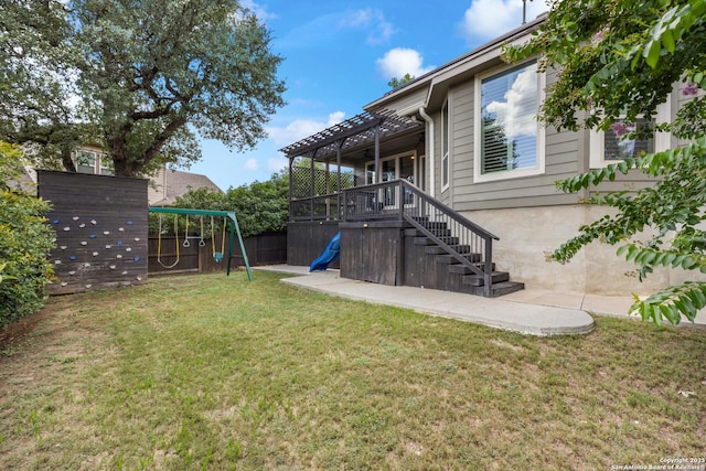 11910 Wilby, San Antonio, TX 78253 - fenced backyard with a playground, a pergola, and stairway