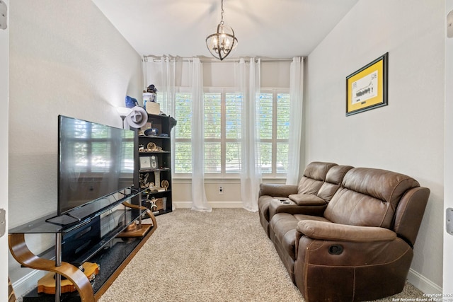 11910 Wilby, San Antonio, TX 78253 - carpeted living area with a chandelier and baseboards