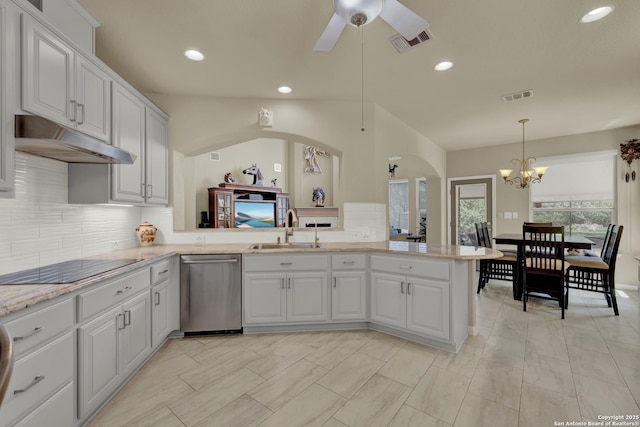 577 River Chase, New Braunfels, TX 78132 - kitchen featuring dishwasher, under cabinet range hood, arched walkways, ceiling fan, and a chandelier