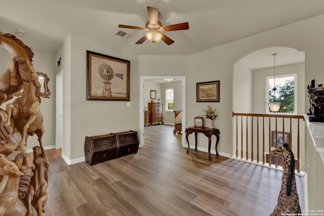 577 River Chase, New Braunfels, TX 78132 - hallway with arched walkways, healthy amount of natural light, and wood finished floors