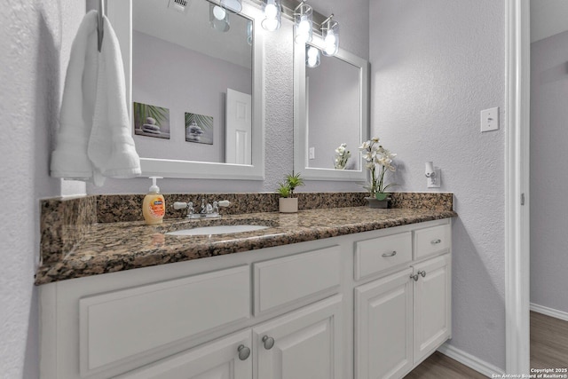 139 Navajo Cir, Cibolo, TX 78108 - bathroom with vanity, wood finished floors, and a textured wall
