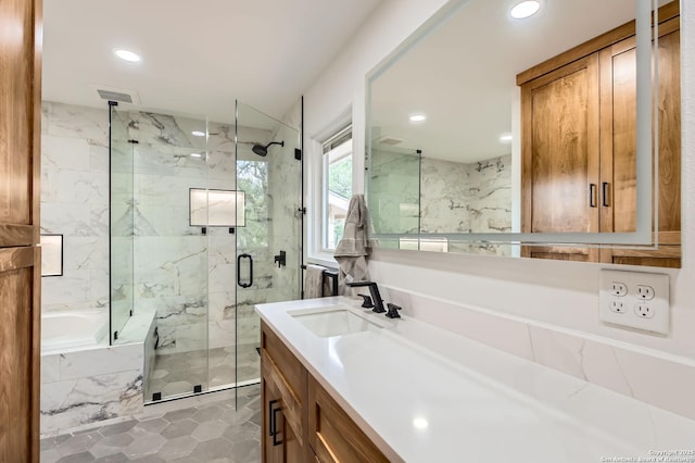 14339 Hill Prince, San Antonio, TX 78248 - full bathroom featuring a marble finish shower, a garden tub, vanity, recessed lighting, and tile patterned flooring