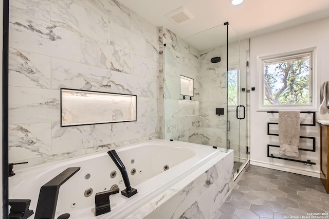 14339 Hill Prince, San Antonio, TX 78248 - full bath featuring a marble finish shower, a jetted tub, recessed lighting, and tile patterned flooring