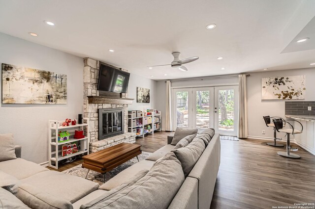 14339 Hill Prince, San Antonio, TX 78248 - living area with wood finished floors, a ceiling fan, recessed lighting, and a fireplace