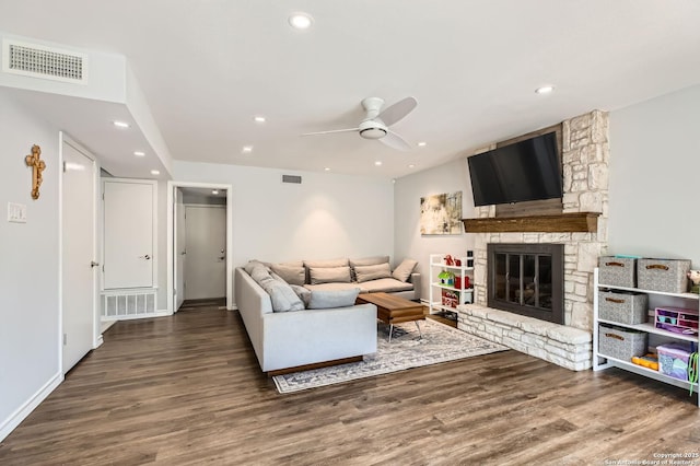 14339 Hill Prince, San Antonio, TX 78248 - living area featuring wood finished floors, ceiling fan, a fireplace, and recessed lighting