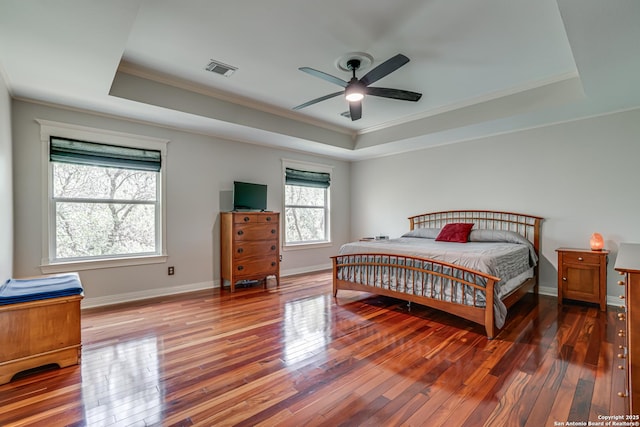 13610 Pearlstone, San Antonio, TX 78232 - bedroom with a raised ceiling, ornamental molding, wood finished floors, and ceiling fan