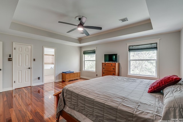 13610 Pearlstone, San Antonio, TX 78232 - bedroom with a raised ceiling, ornamental molding, wood-type flooring, a ceiling fan, and ensuite bath