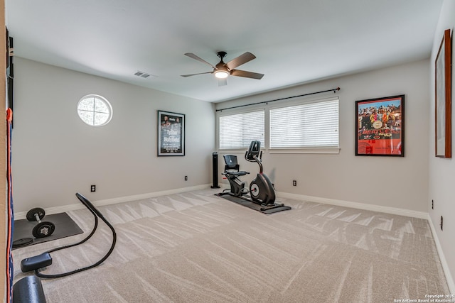 13610 Pearlstone, San Antonio, TX 78232 - exercise room featuring a ceiling fan, healthy amount of natural light, and light colored carpet
