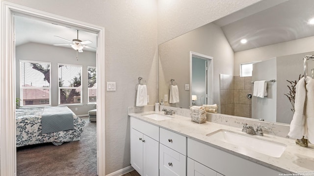5322 Silent Dusk, Bulverde, TX 78163 - ensuite bathroom featuring lofted ceiling, double vanity, and a ceiling fan