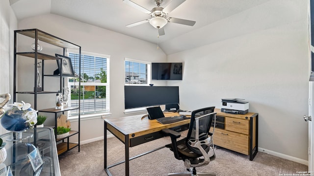 5322 Silent Dusk, Bulverde, TX 78163 - office area with lofted ceiling, light colored carpet, and ceiling fan