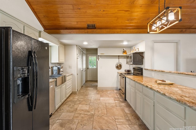 611 Wild Turkey, New Braunfels, TX 78132 - kitchen featuring appliances with stainless steel finishes, wood ceiling, light stone finish flooring, open shelves, and hanging light fixtures