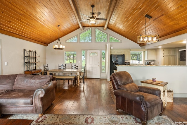 611 Wild Turkey, New Braunfels, TX 78132 - living room featuring a chandelier, hardwood / wood-style floors, wooden ceiling, and a ceiling fan