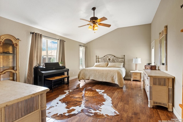 611 Wild Turkey, New Braunfels, TX 78132 - bedroom with lofted ceiling, hardwood / wood-style flooring, and a ceiling fan