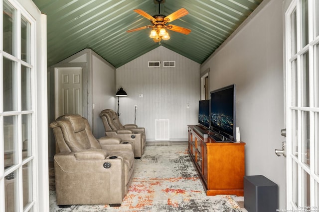 611 Wild Turkey, New Braunfels, TX 78132 - living room with lofted ceiling, ceiling fan, and french doors