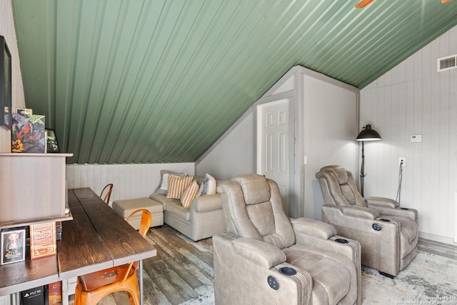 611 Wild Turkey, New Braunfels, TX 78132 - living room with vaulted ceiling, wood finished floors, wood walls, and wood ceiling