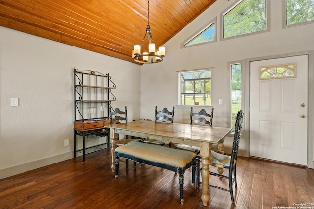 611 Wild Turkey, New Braunfels, TX 78132 - dining room with plenty of natural light, a chandelier, wood ceiling, dark wood-style floors, and high vaulted ceiling