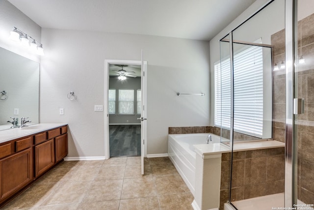 25547 Veining, San Antonio, TX 78261 - bathroom with vanity, a bath, a shower stall, tile patterned floors, and ceiling fan