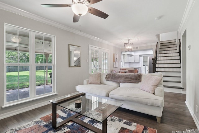 1710 Searcy, San Antonio, TX 78232 - living area with ornamental molding, ceiling fan, stairway, dark wood finished floors, and french doors